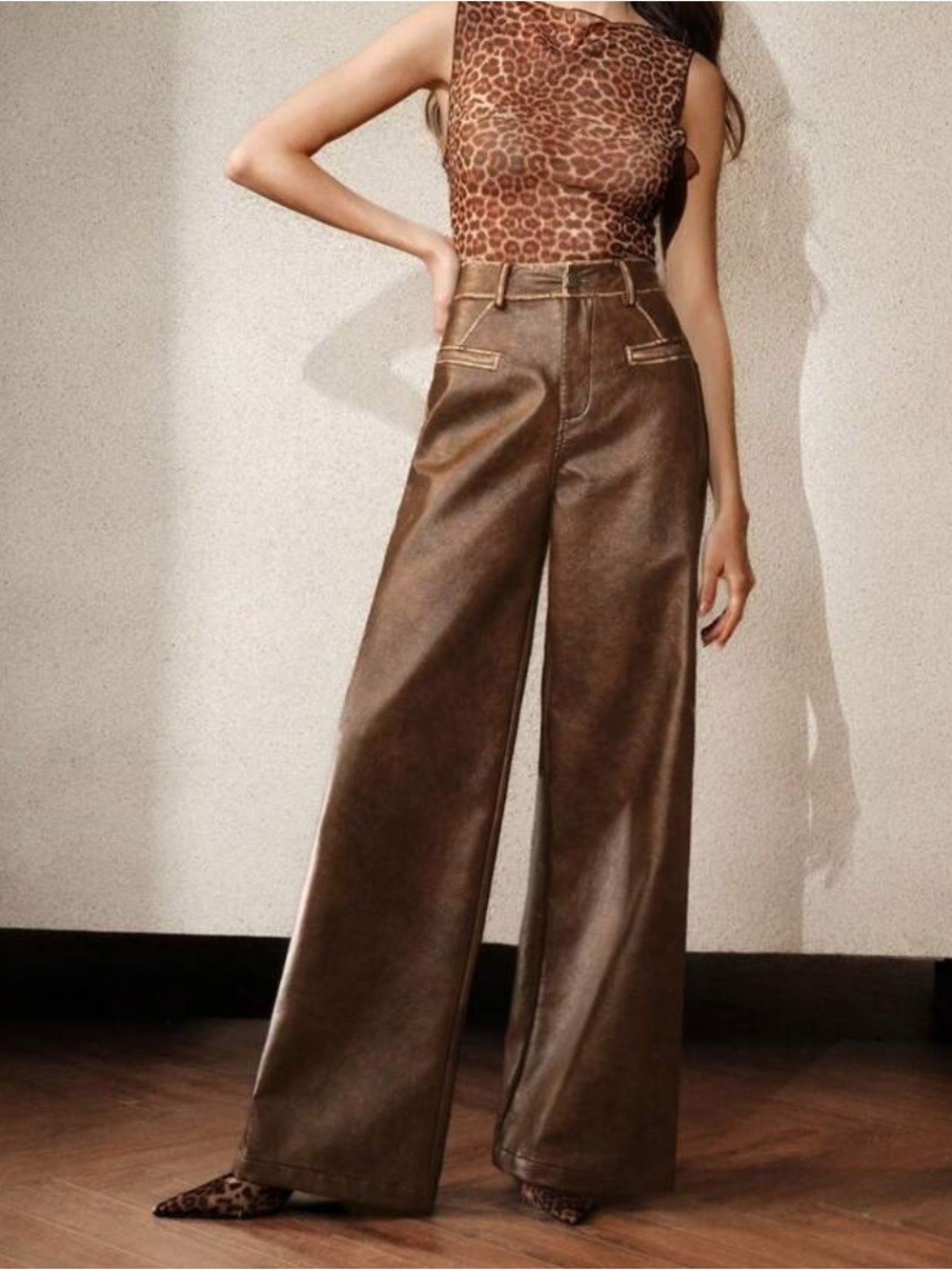 High-Rise Wide-Leg Faux Leather Pants in Brown